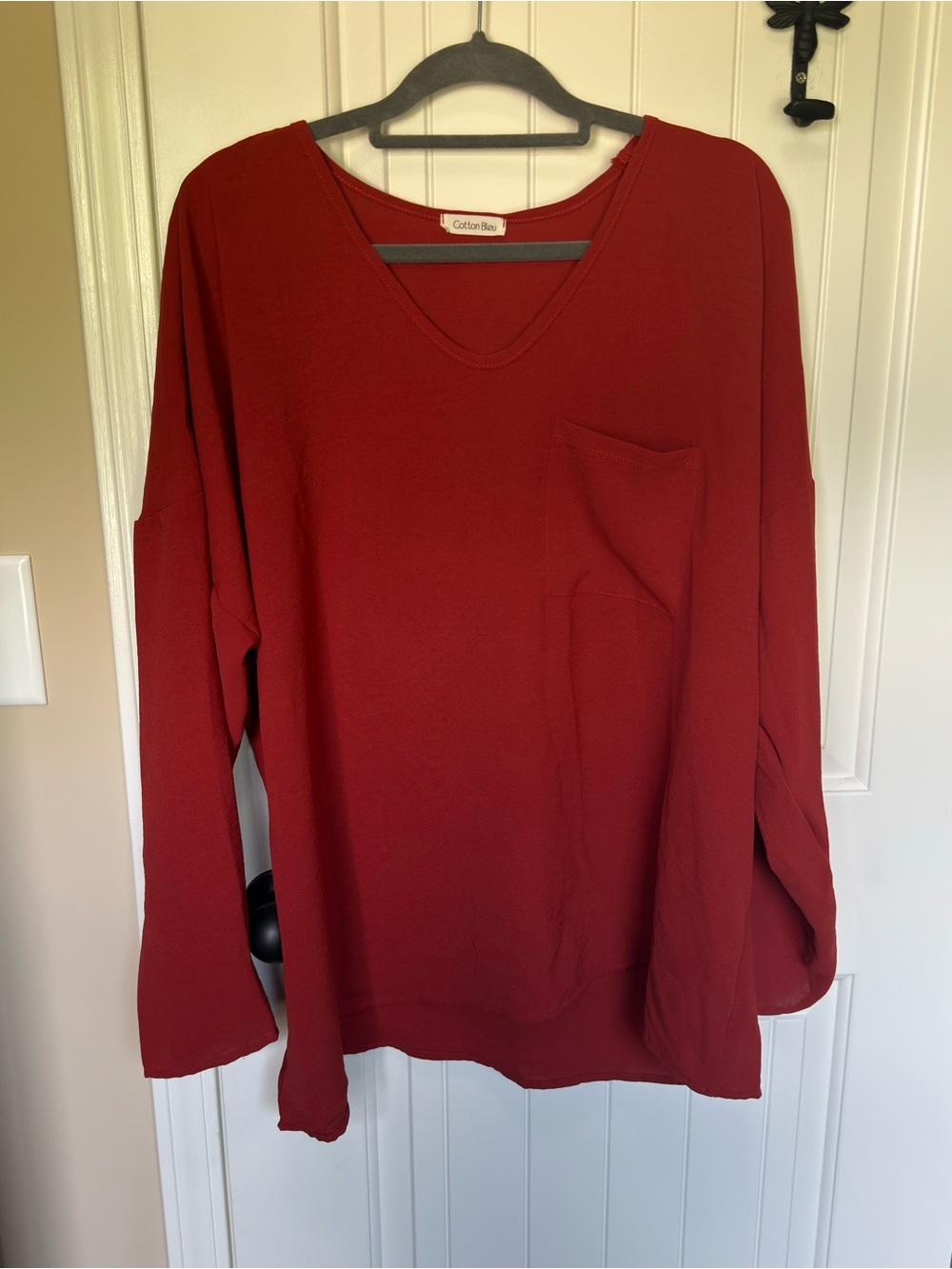 Cotton Bleu Women's V-Neck Long Sleeve Top in Deep Red